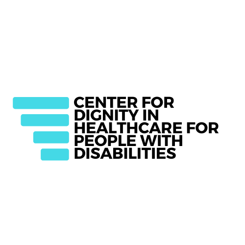 words in black: Center For Dignity in Healthcare For People with Disabilities; four blue lines on left
