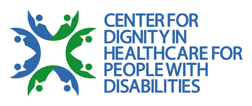 blue, all-caps letters saying the 'Center for Dignity in Healthcare for People with Disabilities' next to the center logo